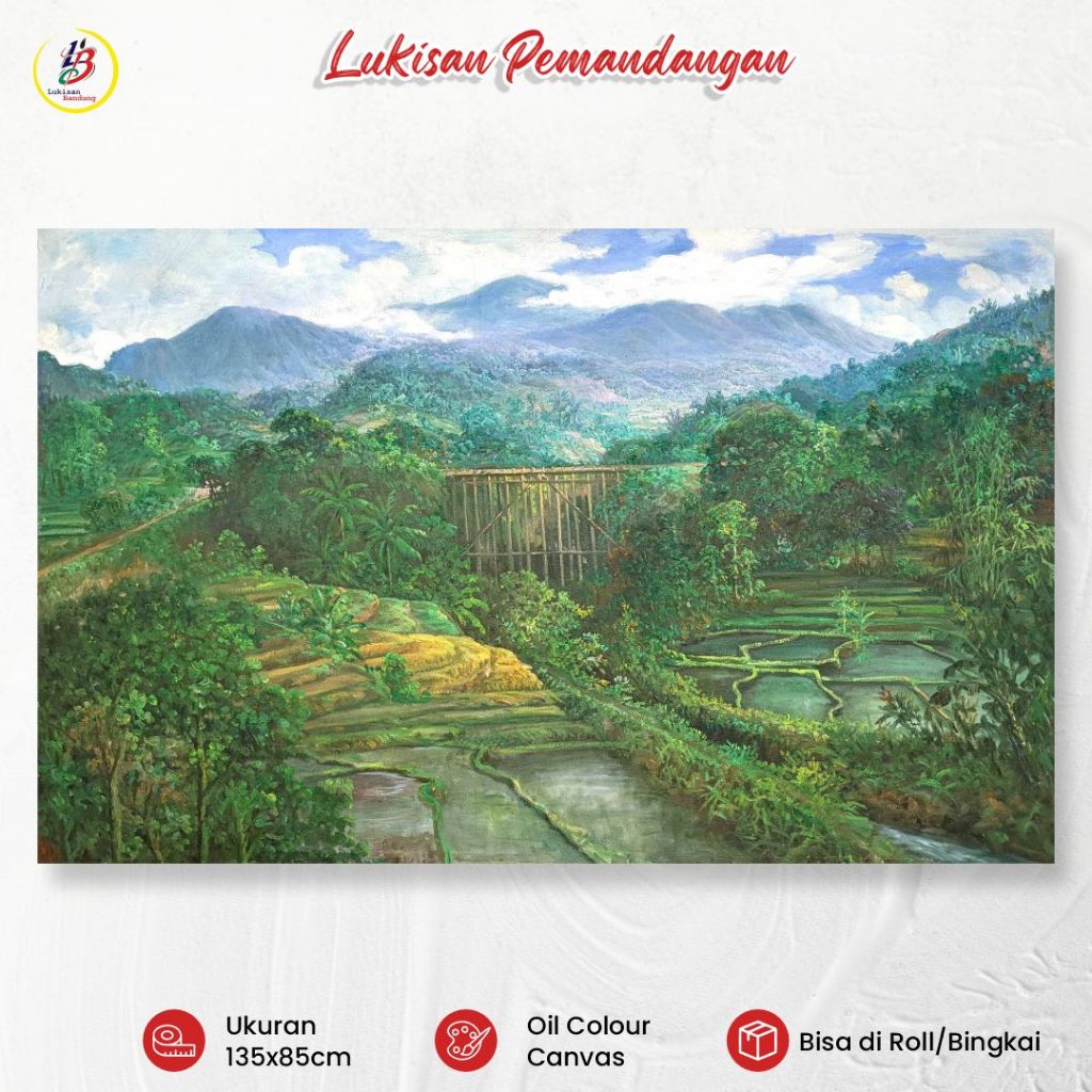 Lukisan Bandung Lukisan Pemandangan Jembatan Sawah Gunung 135x85cm Lukisan Kanvas Dinding Dekorasi A