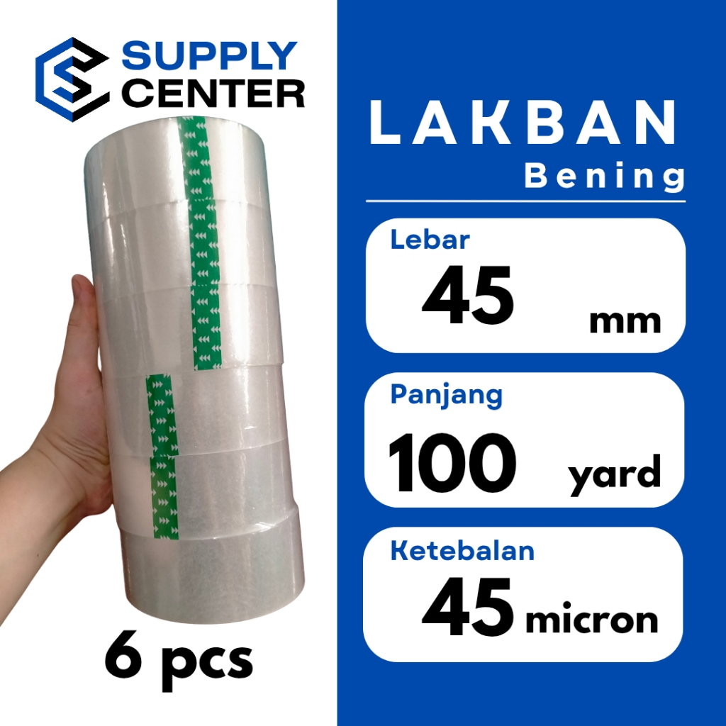 

Lakban Bening 100Y 45mm – 1 Slop (6 Roll) | Solasi Packing Kuat & Rekat