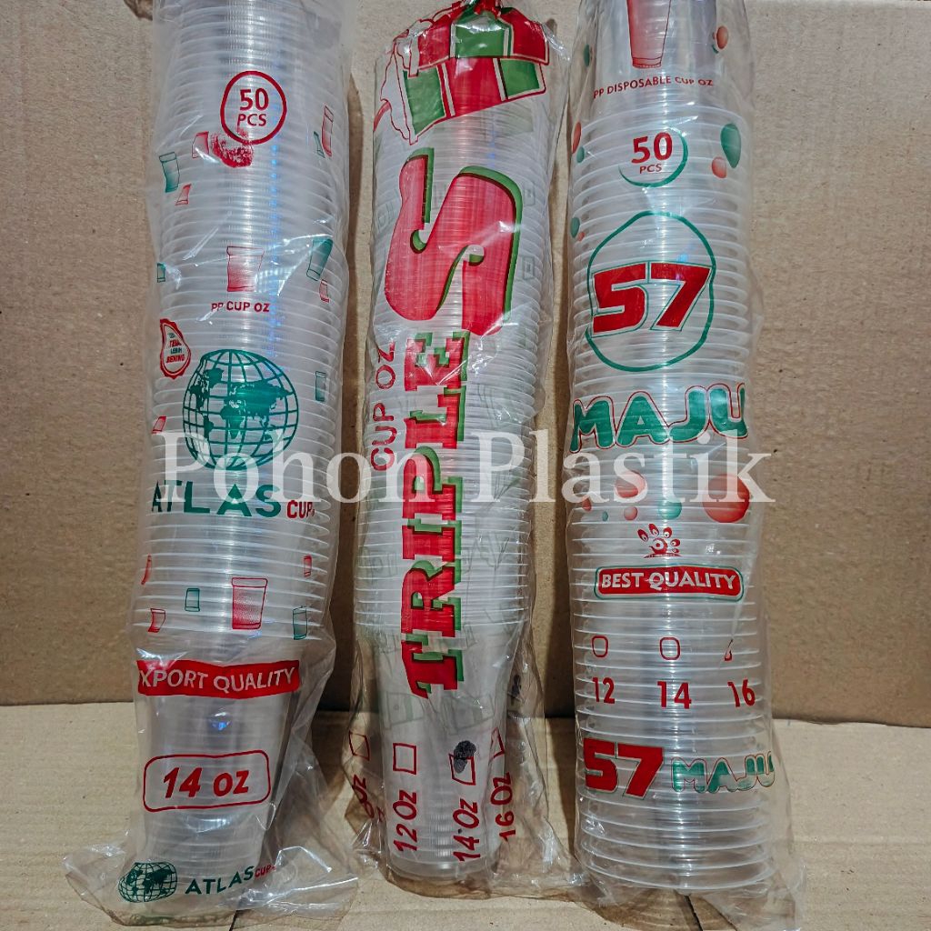 Gelas Maju, Atlas, tripel S 12oz, 14oz, 16oz / Gelas Plastik lebih Bening lebih tebal untuk jajanan 