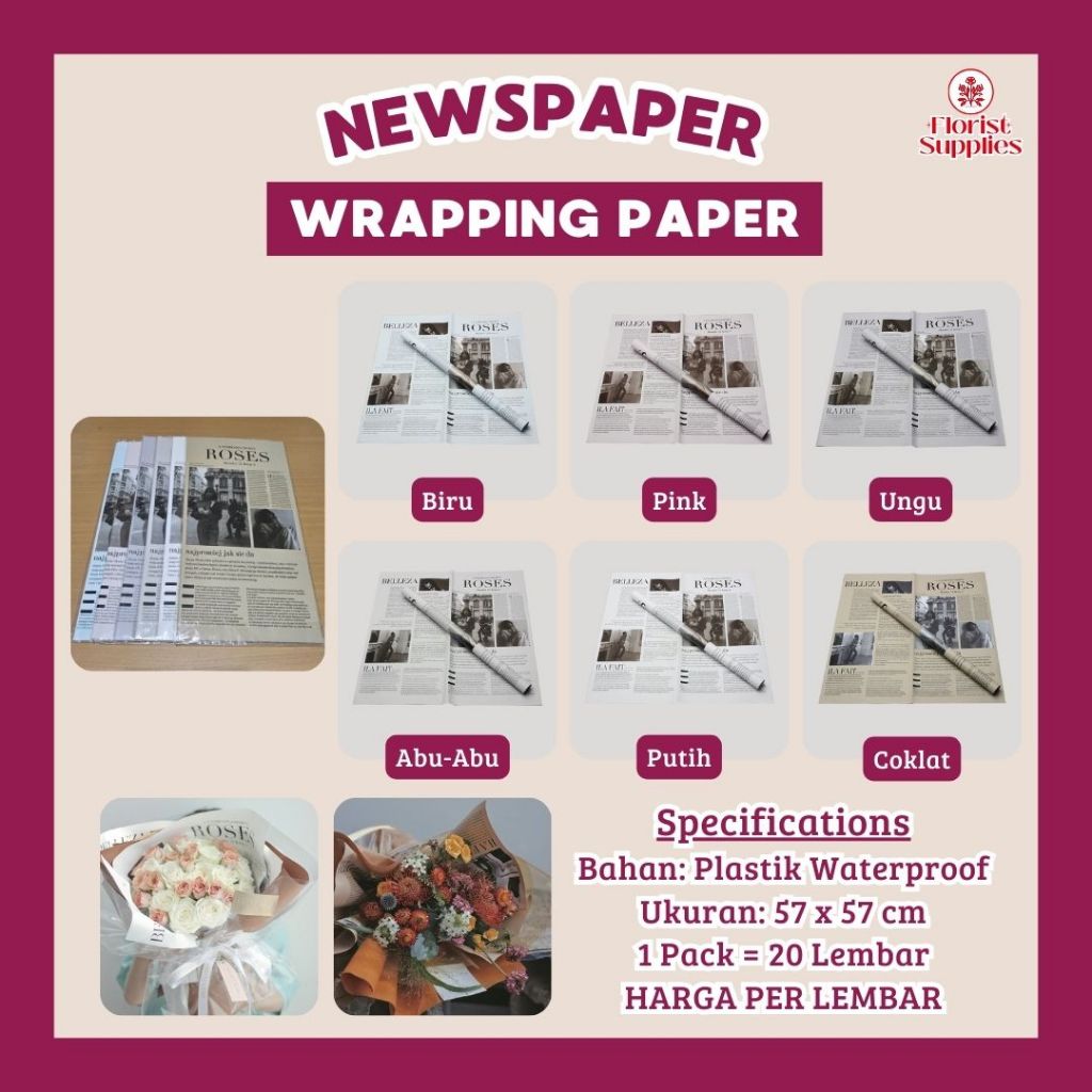 

Kertas Buket Bunga Motif Koran Newspaper Magazine Roses Flower Wrapping Paper Cellophane Vintage