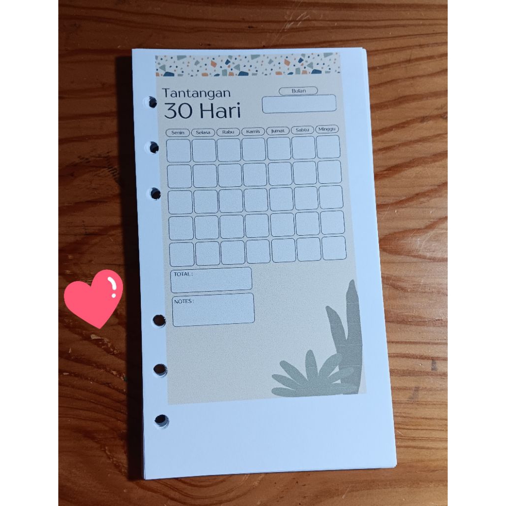 

10 Lembar Tantangan Bulan 30 Hari Loose Leaf Refill Binder A6 , Tebal 100 GSM , Motif Bulak Balik