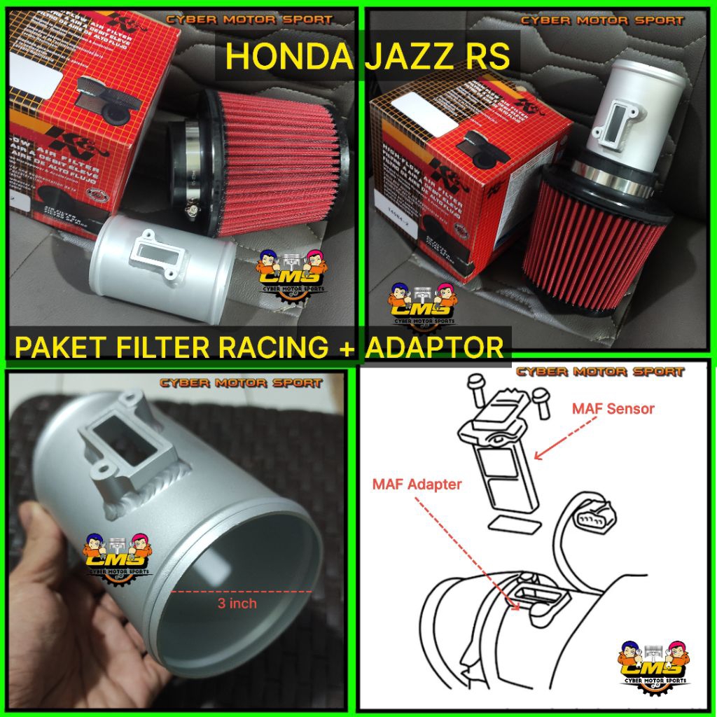 paket Open filter Racing plus Adaptor air flow maf sensor mobil HONDA JAZZ RS. Open Filter udara knn