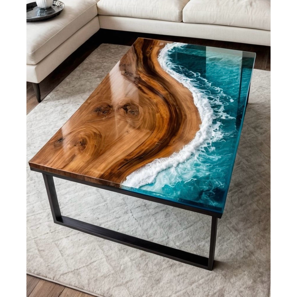Meja Trembesi Resin / Meja Tamu Resin Motif Ombak / Best Seller Meja Resin Laut / Meja Trembesi Resi