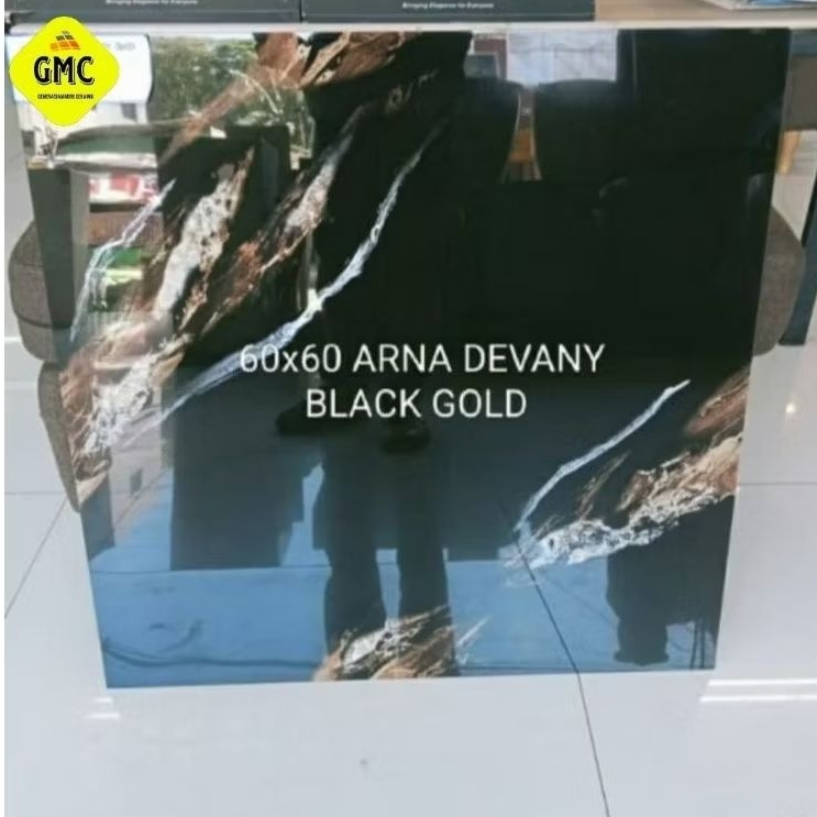 GRANIT 60X60 GLOSSY HITAM MOTIF MARMER  DEVANY BKACK GOLD | LOCAL - ARNA-