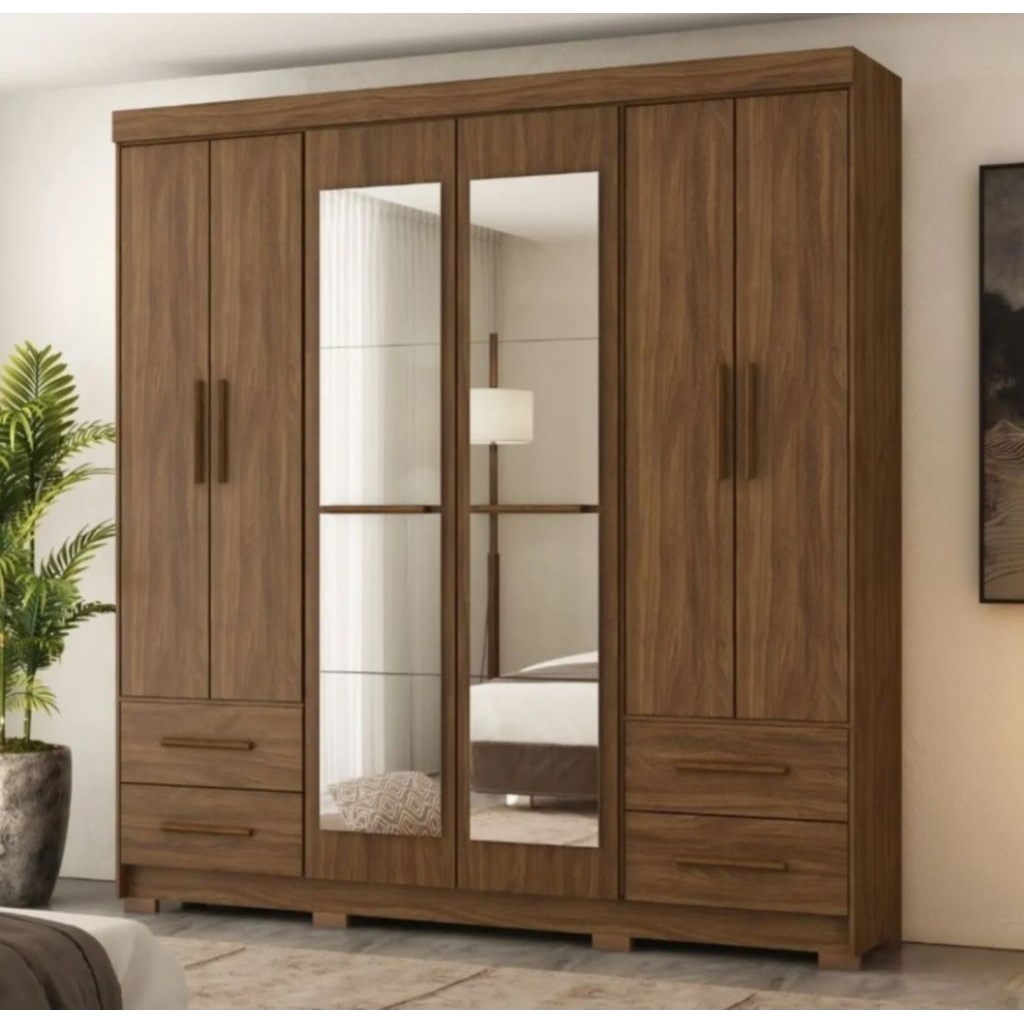 RAY Lemari pakaian minimalis 4 pintu kayu Jati - Lemari Baju Modern New