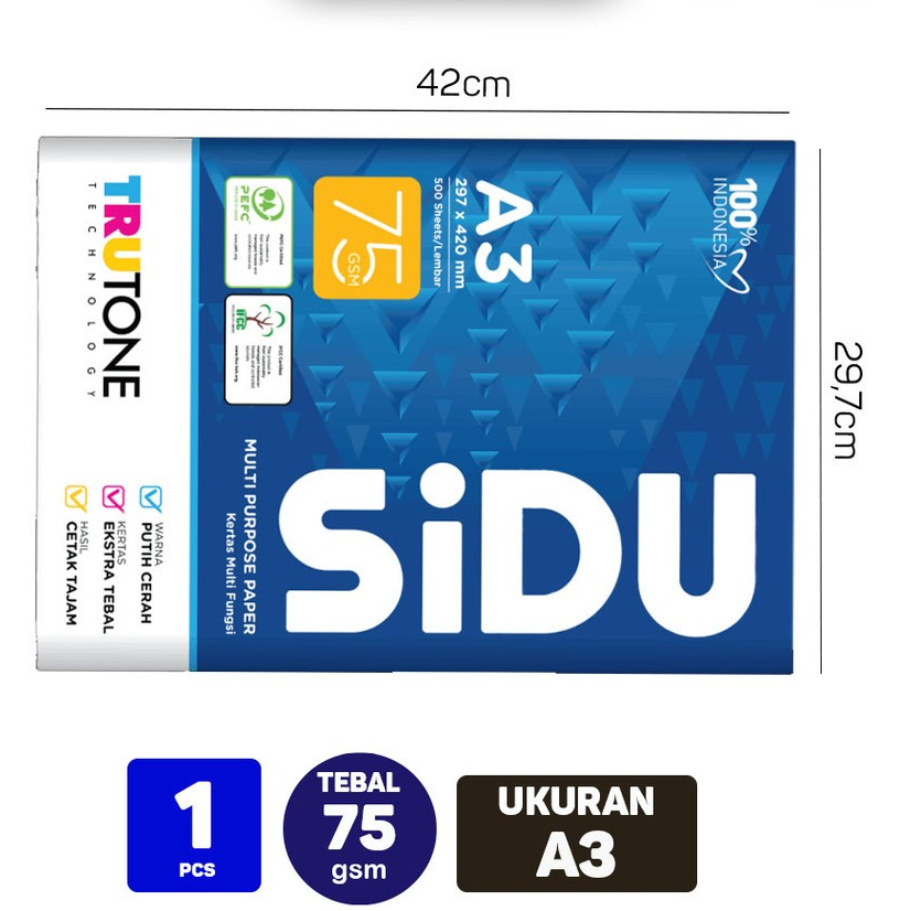 

Kertas HVS SIDU A3 75gsm Isi 500 Lembar / HVS SINAR DUNIA 1 Rim isi 500 Lembar