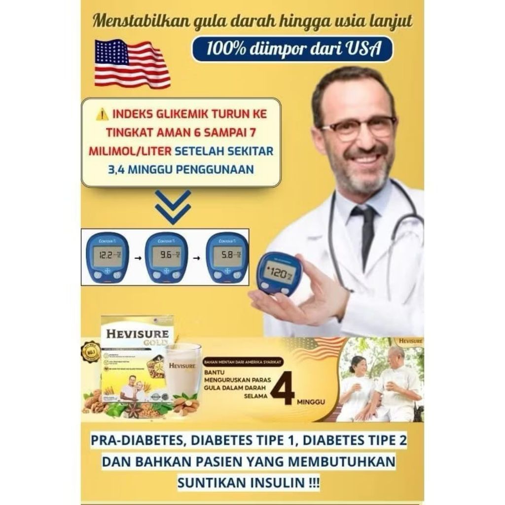

[ PROMO PAKET 9 BOX ] HEVISURE GOLD AMERICA- Susu Obat Dan Vitamin Untuk Atasi Diabetes, Kencing Manis, Kadar gula Tinggi, Meningkatkan Hormon, Insulin, Pankreas Dalam Tubuh