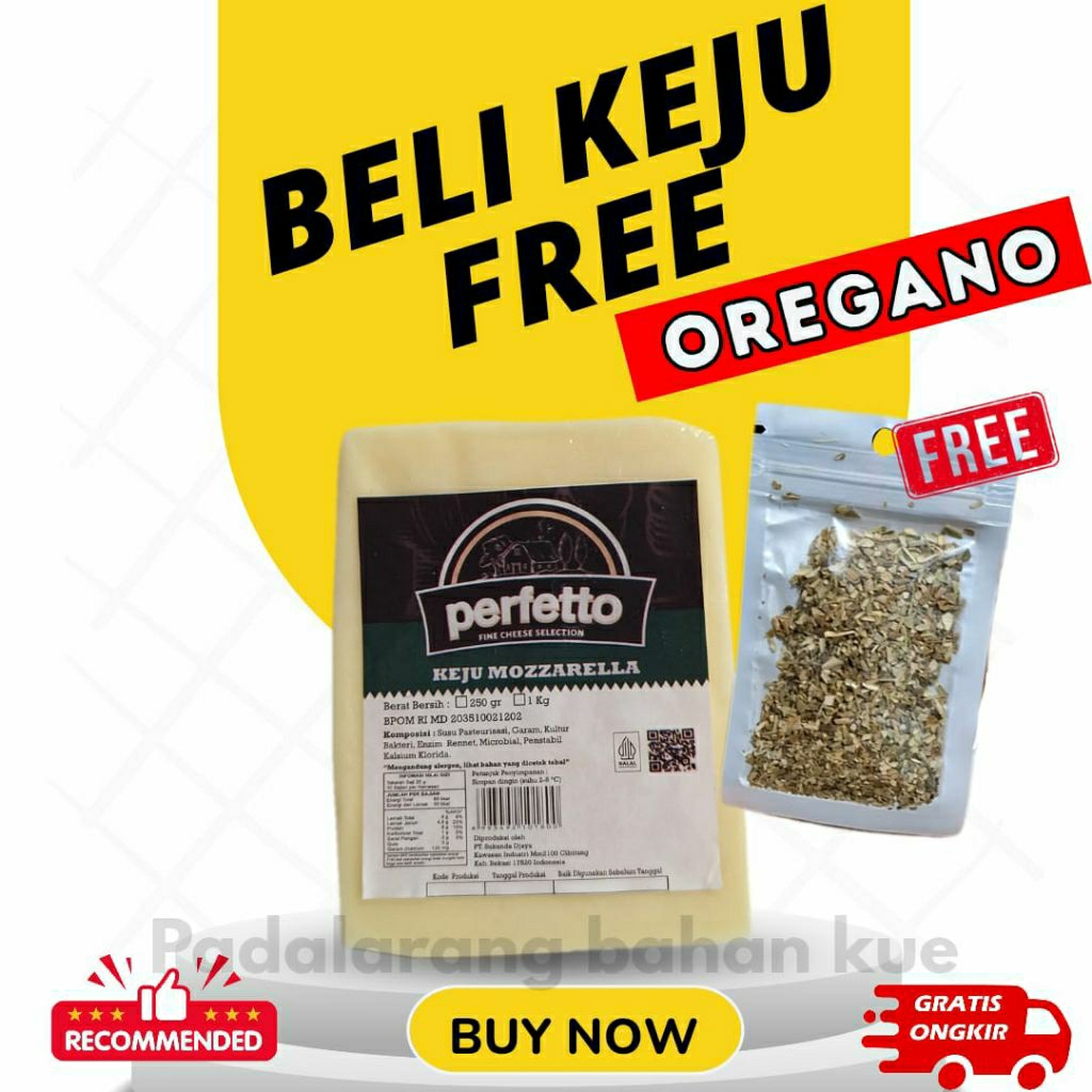 

[PROMO FREE) Perfetto Keju Mozarella 250 gr + Free Oregano herb taburan Pizza Spagetti Arla Pizza Topping Mulur Lumer