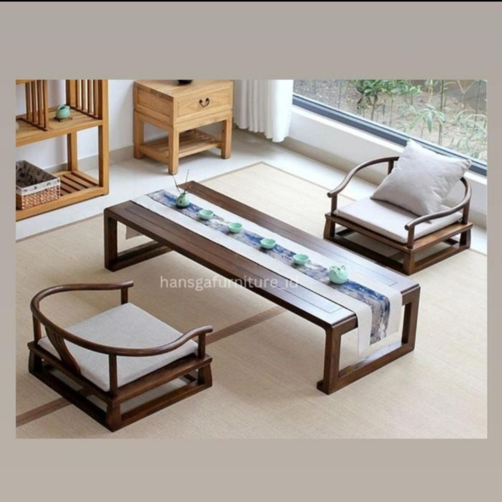 set meja makan lesehan cafe minimalis 2 kursi kayu jati