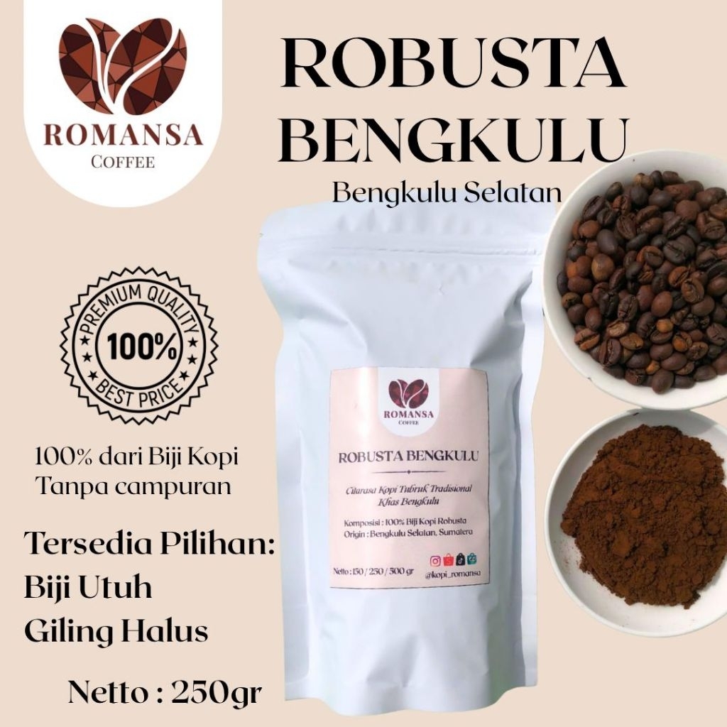 

Kopi ROMANSA Kopi Robusta Bengkulu Sumatera 100% Beans Kopi Biji Bubuk Tubruk 250gr