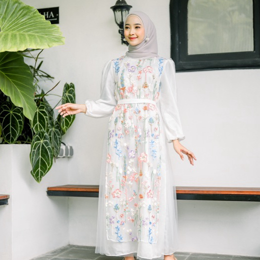 Delova Wardrobe - GAMIS ALMAYRA Brukat Dress Bordir Outfit Modern Lace Embroidery Brocade Garden Lebaran Idul Fitri Muslim Wanita Tulle Kondangan Korean look Tutu  Rok Tile Queenbee Fashion Terbaru Termurah