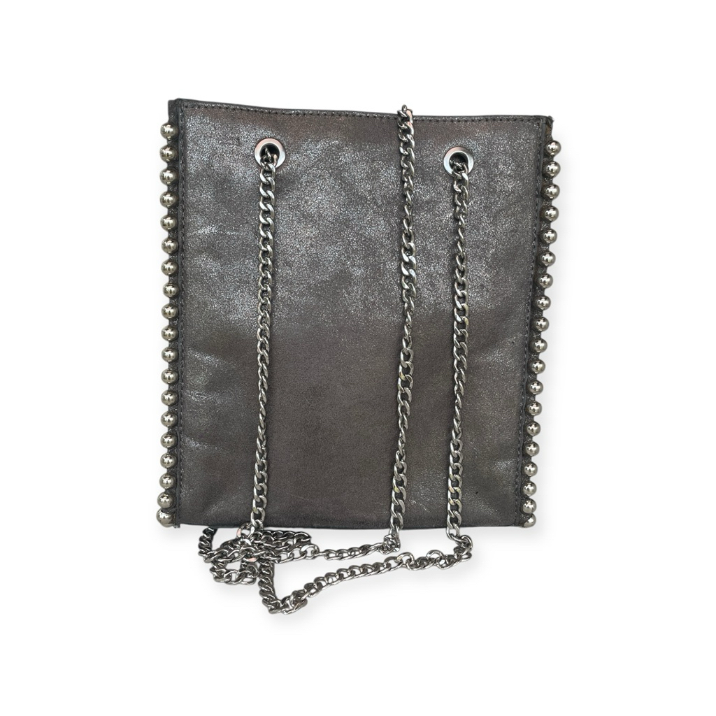 zara silver metallic studded chain tote bag