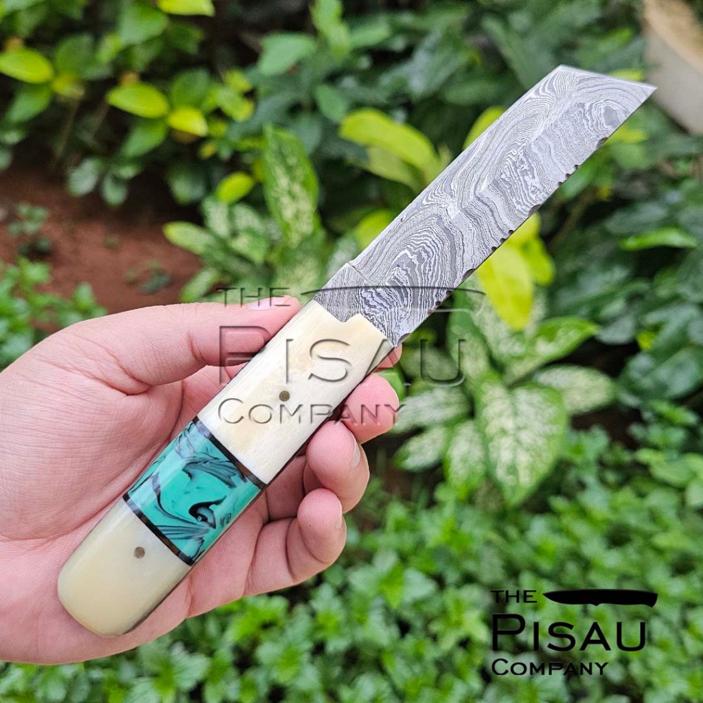 Ready Stock - Pisau Import Tanto Damascus Handmade dengan Sarung Kulit | Tanto Knife | Bushcraft | C