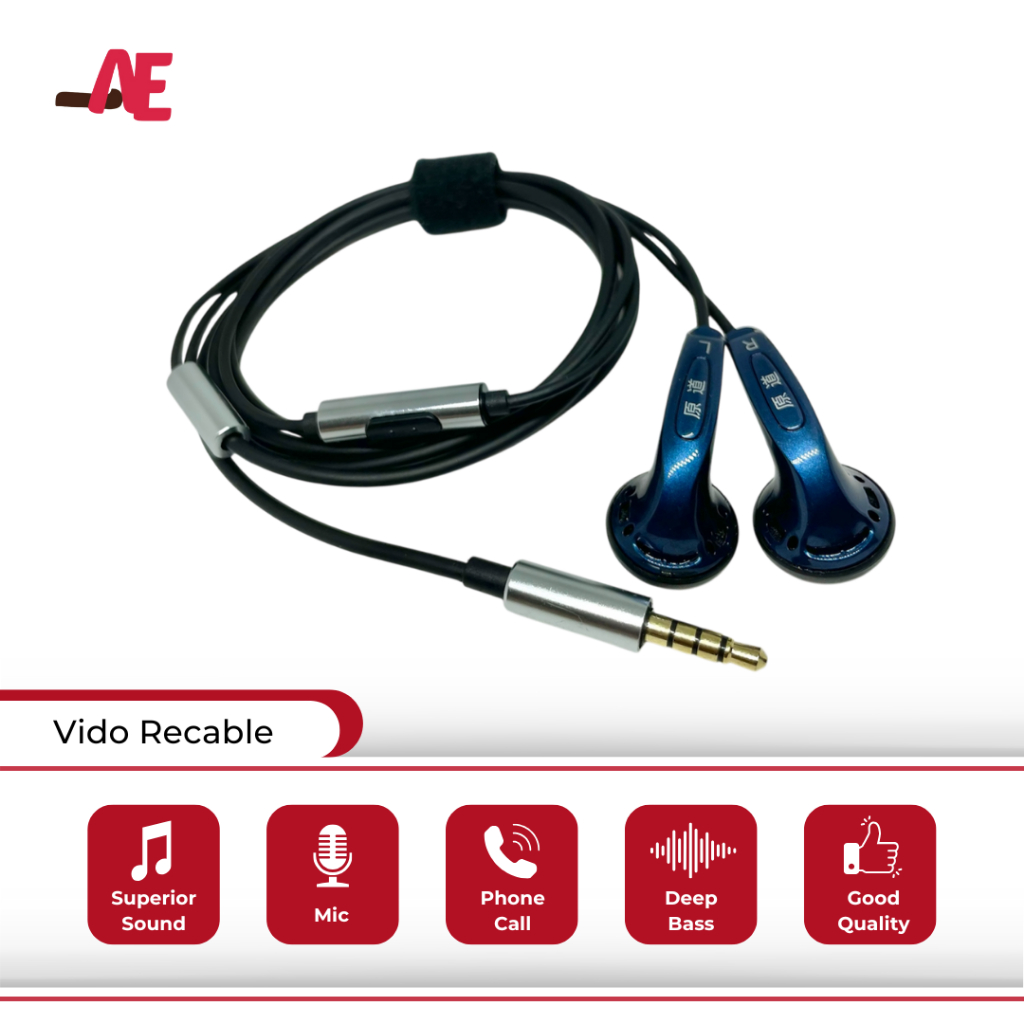 DIY Earbud Vido Recable Black Cable with Mic (Earphone Vido Legend)