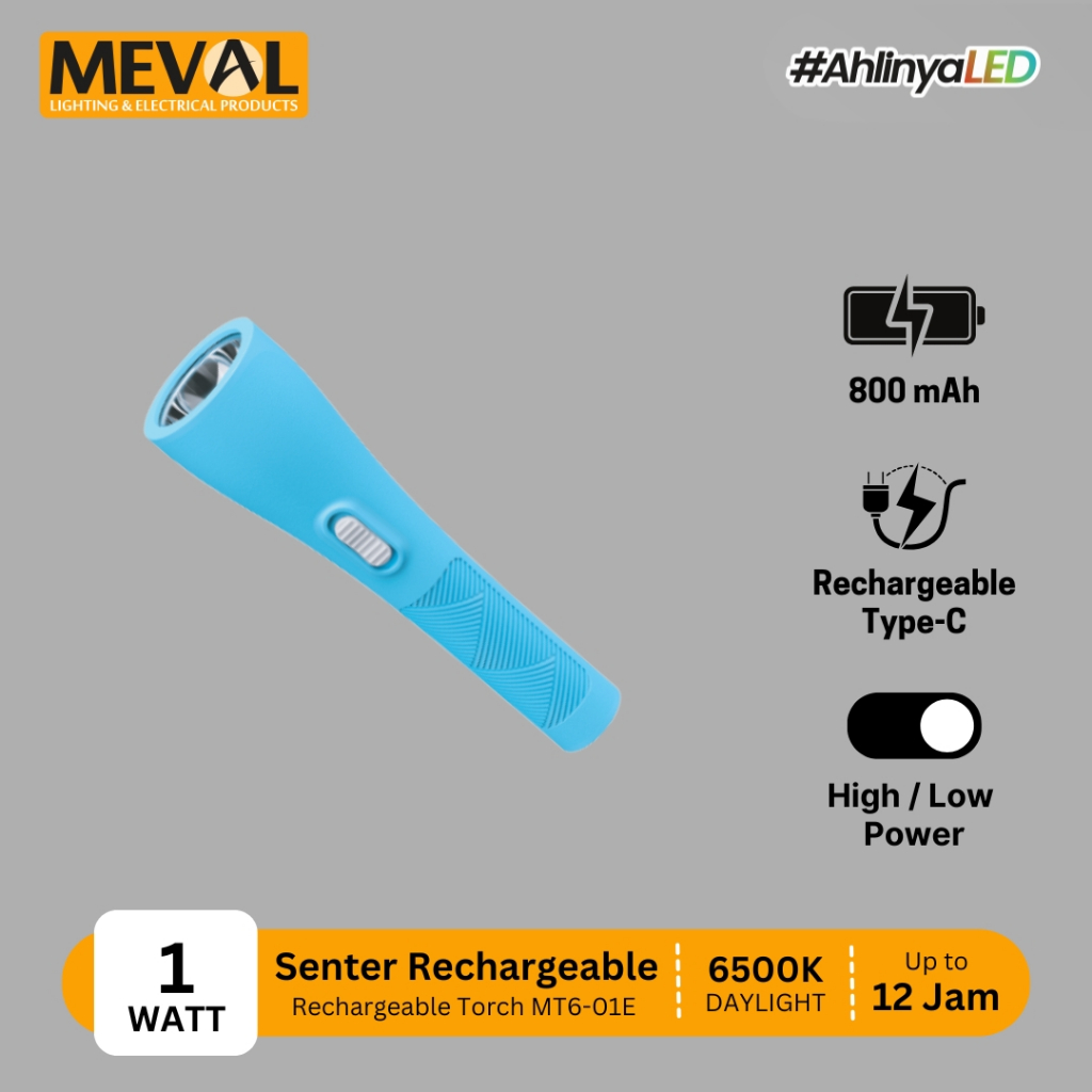 MEVAL  Senter LED Rechargeable 1 Watt Type-C | Tahan Lama Hingga 12 Jam MT6-01E