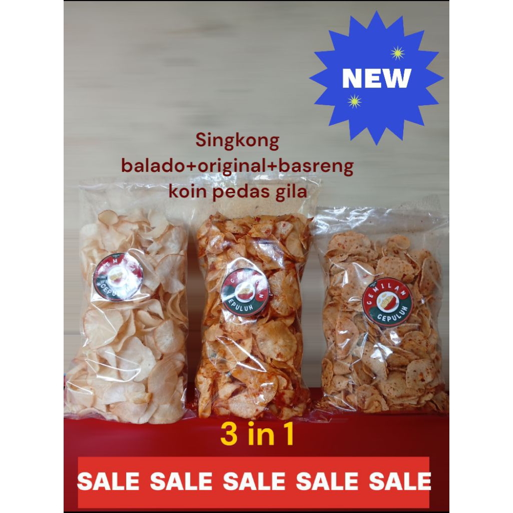 

kripik singkong balado, oroginal gurih asin, basreng pedas 3 jadi satu paket