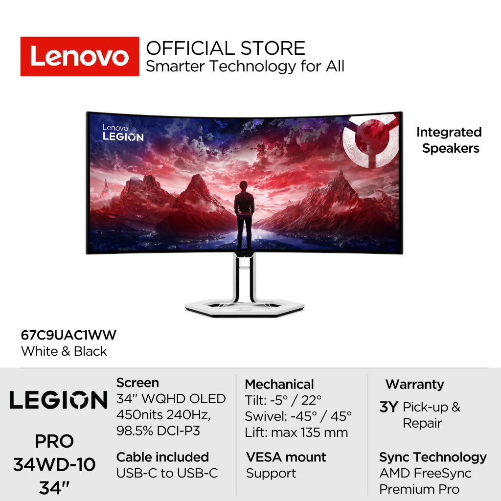 Lenovo Gaming Monitor Legion PRO 34WD-10 34" WQHD OLED 450nits AMD FreeSync Premium Pro 240Hz 99% sR