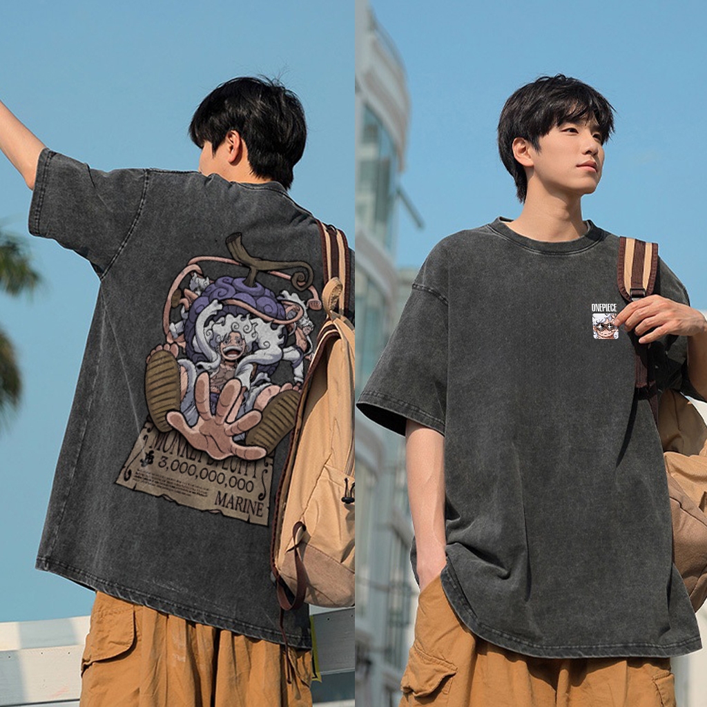 PUERTO Washed Kaos Pria American retro Cartoon One Piece Luffy Baju Oversize Pria Street Style T-shi