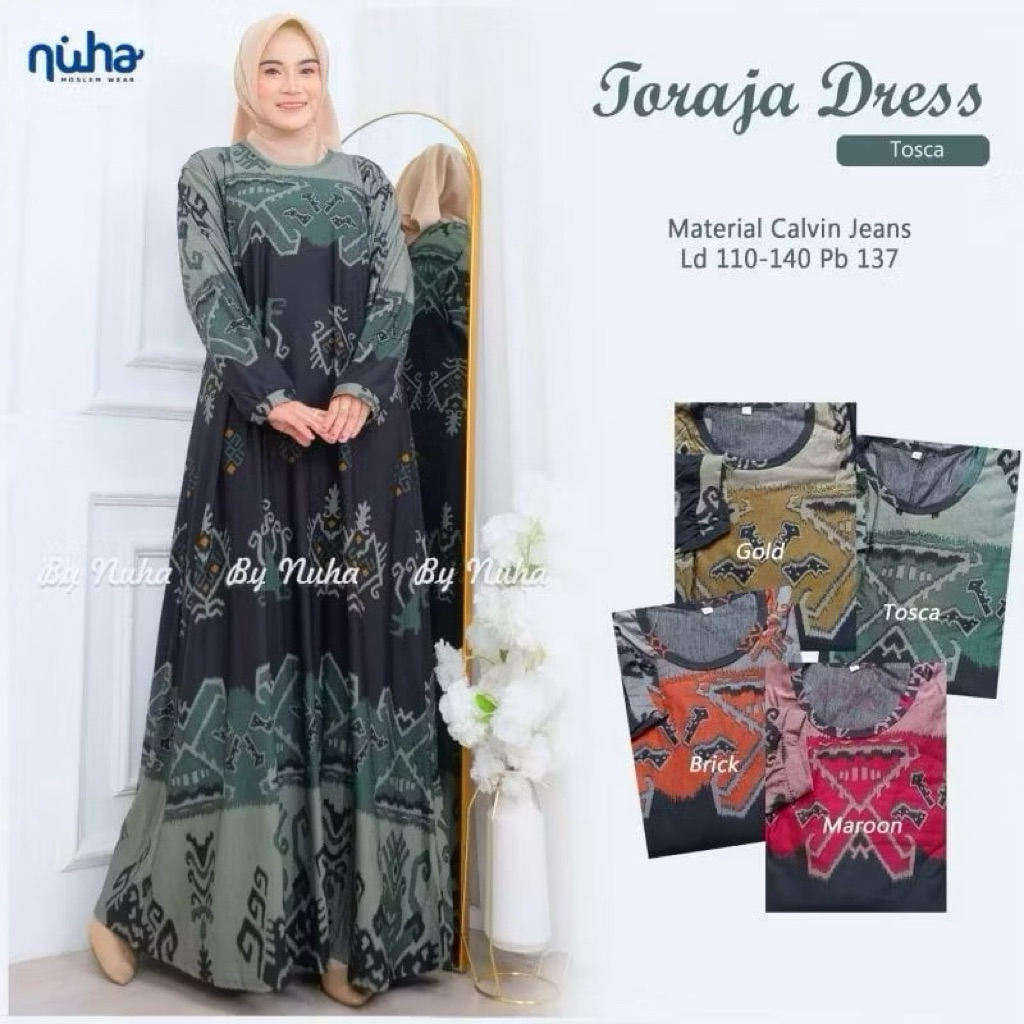 Gamis Wanita Muslimah Toraja Jumbo Maxy Dress Bahan Calvin Jeans Motif Etnik Allsize LD110 Melar 140