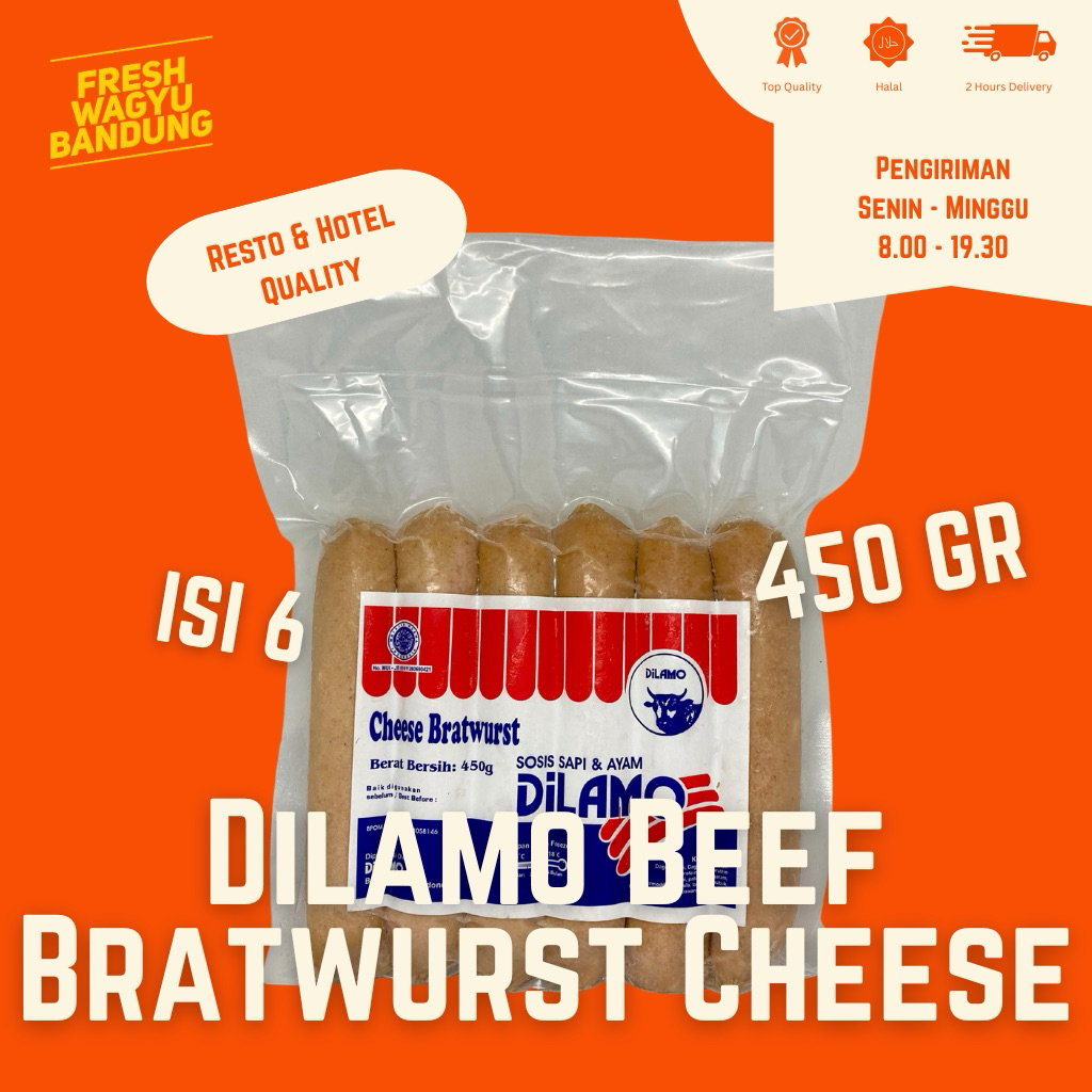 

DILAMO BEEF BRATWURST CHEESE SOSIS SAPI KEJU HALAL PREMIUM 450g