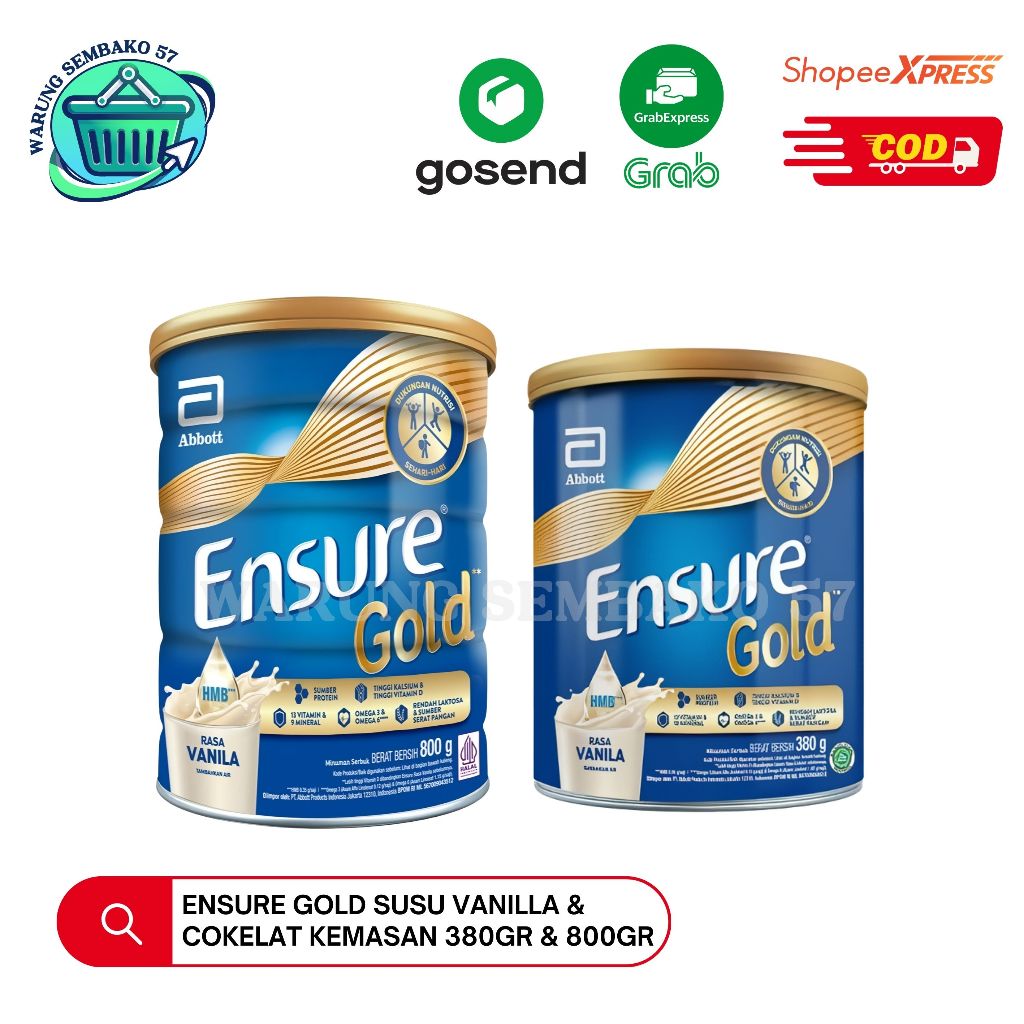 

Ensure Gold Vanila dan Cokelat - Susu Nutrisi Dewasa 380gr dan 800gr
