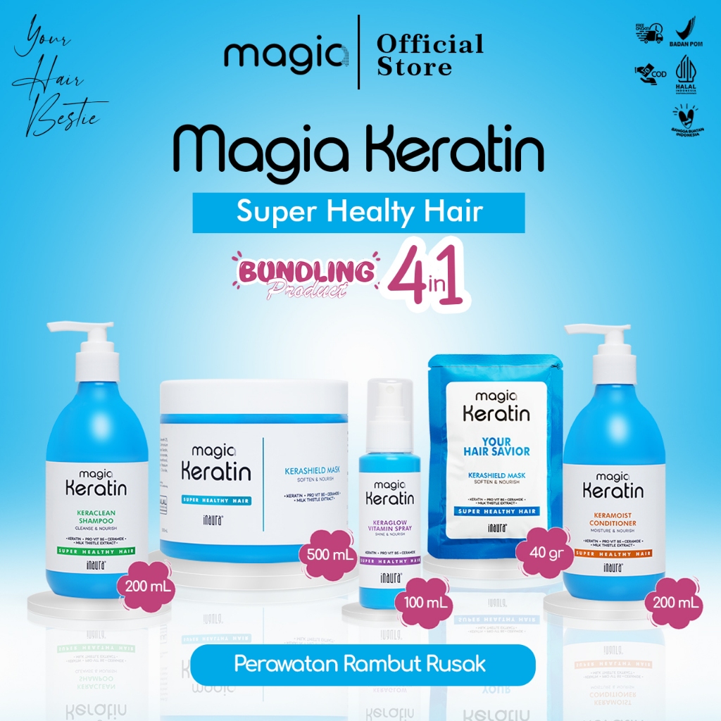 Magia Keratin Series Bundling [4 in 1] (Shampo+Condi+Masker+Vitamin Spray) - perawatan rambut kering