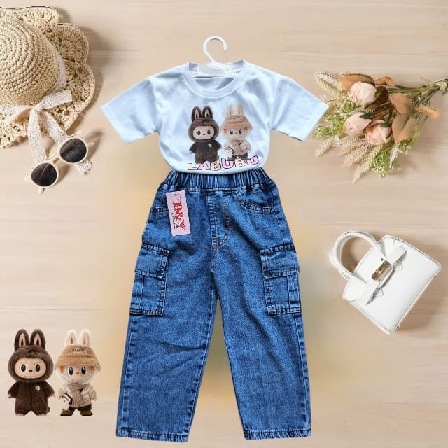 SETELAN ANAK PEREMPUAN KEKINIAN / ONE SET KULOT CARG0 JEANS
