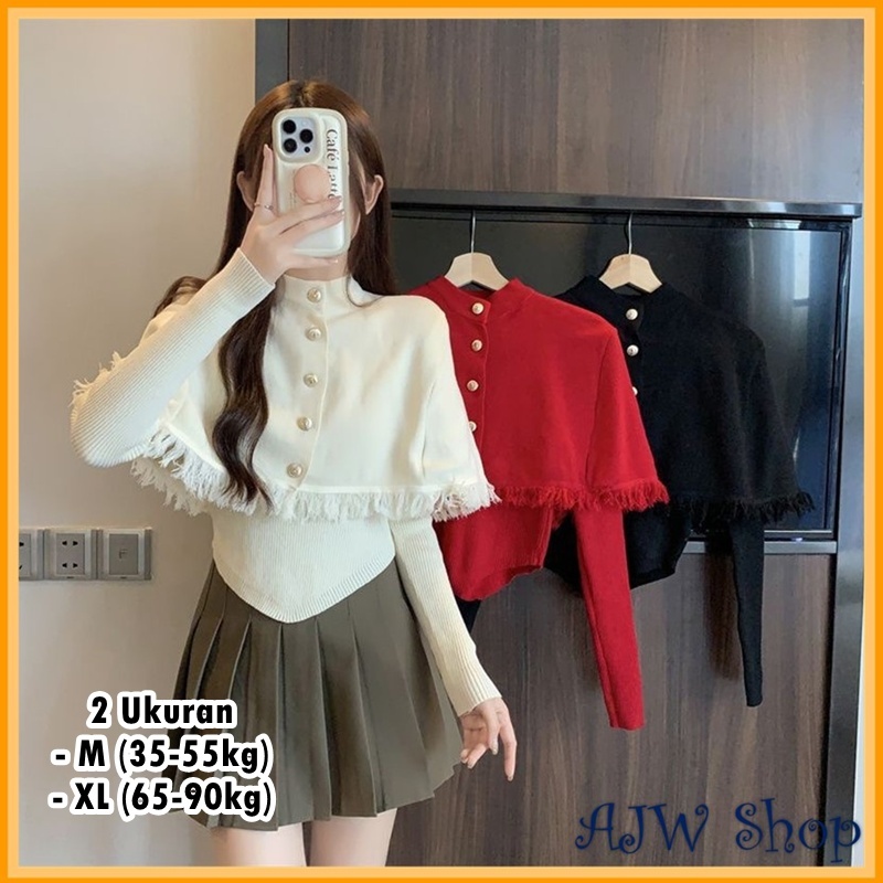 AJW Atasan Wanita Rumbai Dada Knit Premium Lengan Panjang WCD | Baju Wanita Rumbai Dada Korean Style