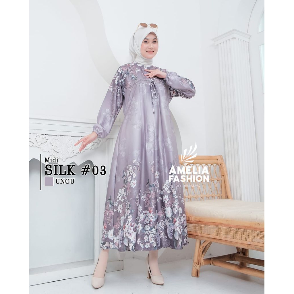 GAMIS MIDI DRESS ARMANI SILK PREMIUM TERBARU GAMIS MOTIF BUNGA