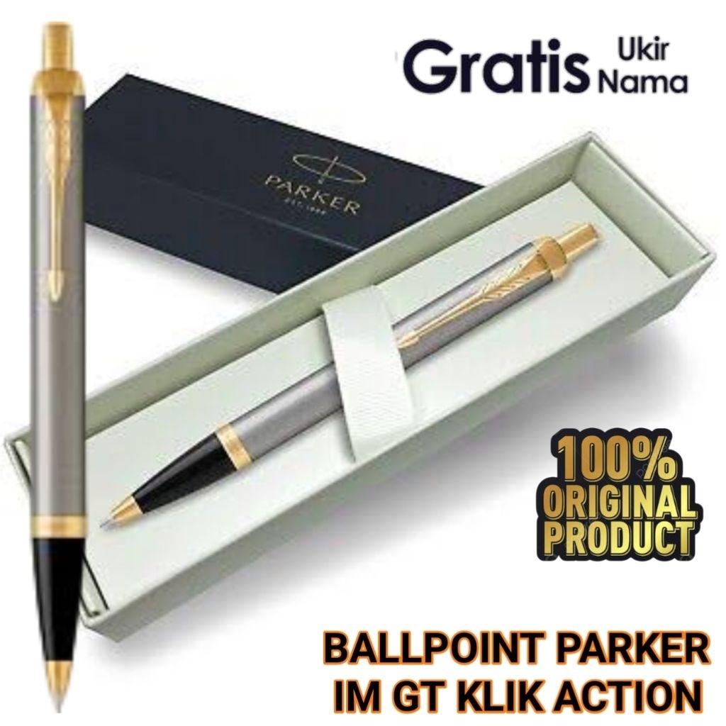 

Ballpoint Mewah Pulpen Parker IM Gold Brush Gold Trim Clik Action Gratis Grafir Nama