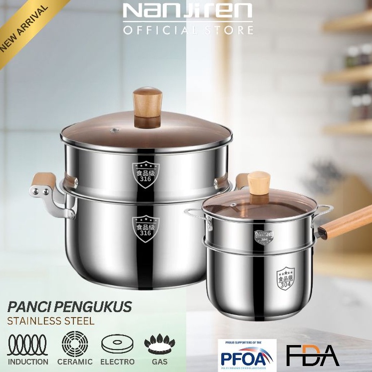KODE P34D Nanjiren Panci Kukusan Steam Pot Panci Kukus Set 2 Susun 16182CM Full Stainless Steel Tutu
