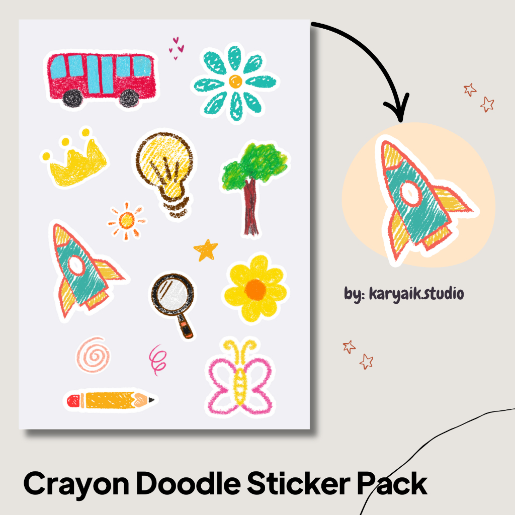 

Crayon Doodle Sticker Pack - Vinyl Aesthetic A6 | Stiker Planner, Laptop, Jurnal