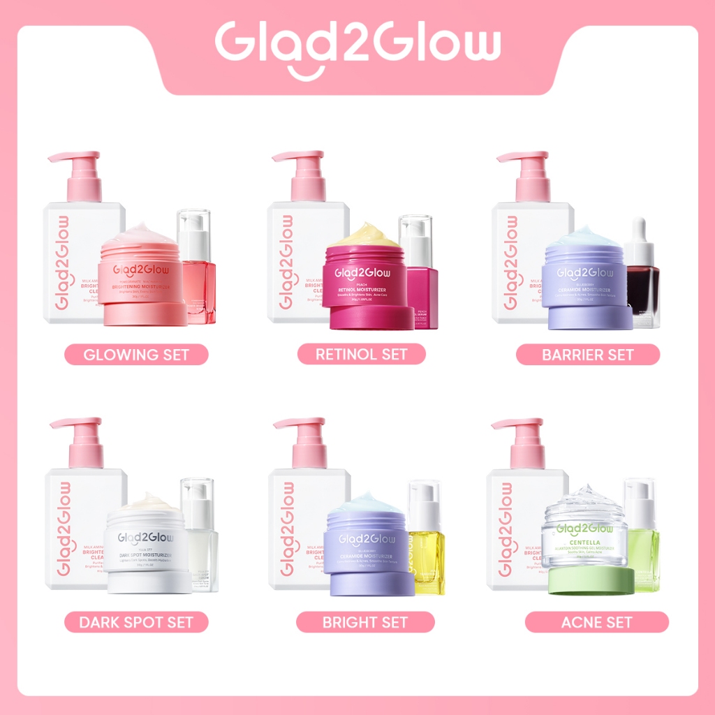 Glad2Glow bundle 3in1 paket Skincare- Moisturizer+Serum+Cleanser- Face Wash  Glowing Kit Dark Spot A