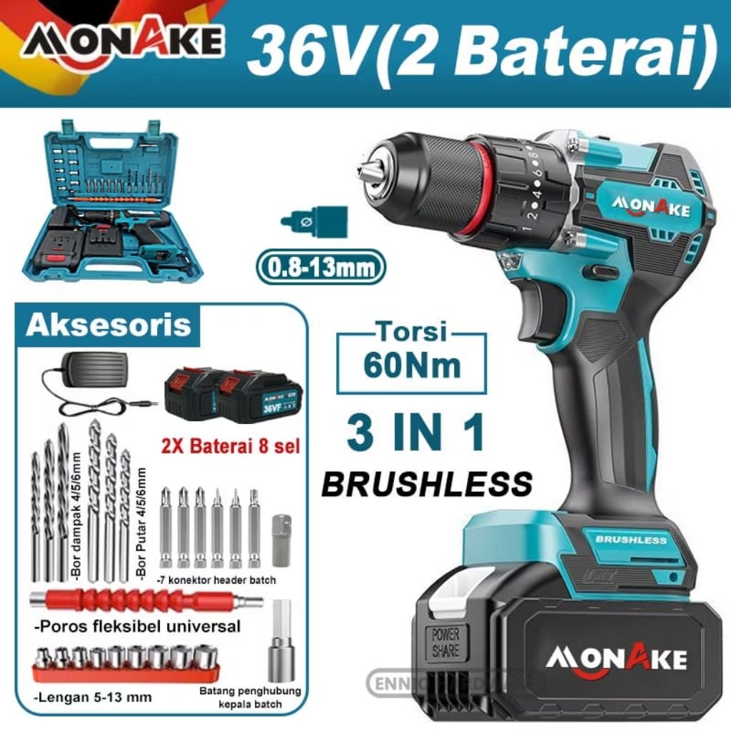 MONAKE Brushless 3in1 (2 ) Baterai Mesin Bor Listrik Bor Baterai Bor Listrik Bor Tanpa kabel Mesin B