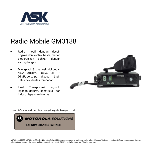Radio Mobile Motorola Solutions GM3188 40Watt, UHF 403-438 MHz