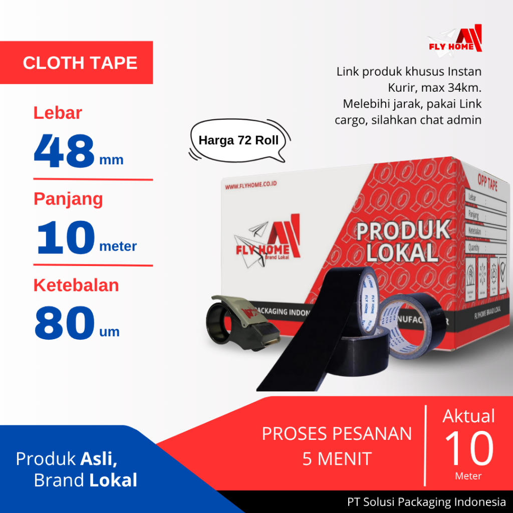 

FLYHOME Lakban jilid/jalin hitam 1 dus 10meter 48mm x 10m 72 roll cloth tape ukuran Full Instan