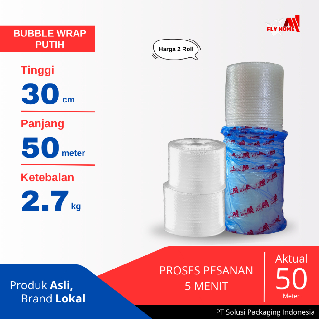 

FLYHOME Bubble wrap putih 2,7kg potongan 30cm 2 roll besar 30x50meter