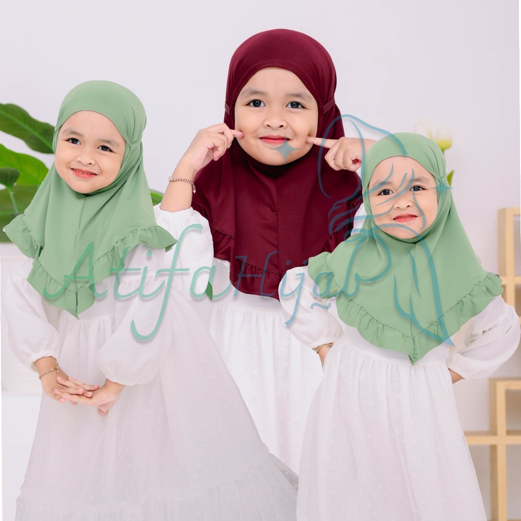 Kerudung Anak Perempuan Renda Bergo Maryam Renda Anak Ruffle / Rempel Tali Jersey 0 - 3 Tahun