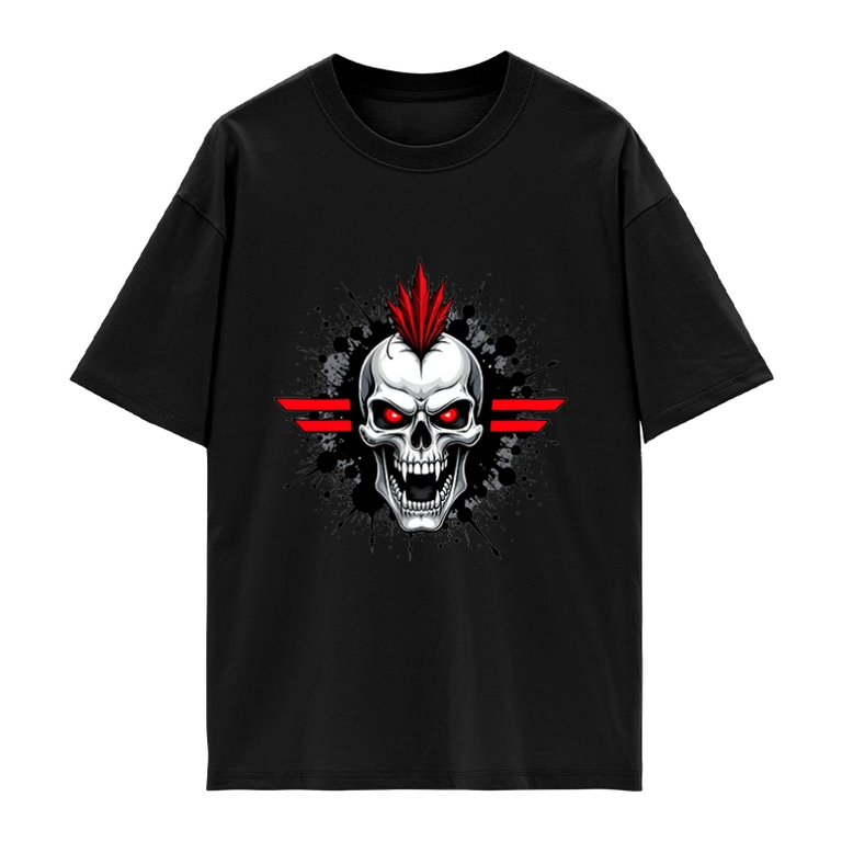 Skull dengan Rambut Merah dan Logo Kedua Garis Hitam - Kaos Pria dan Wanita - Kaos Casual dengan Des