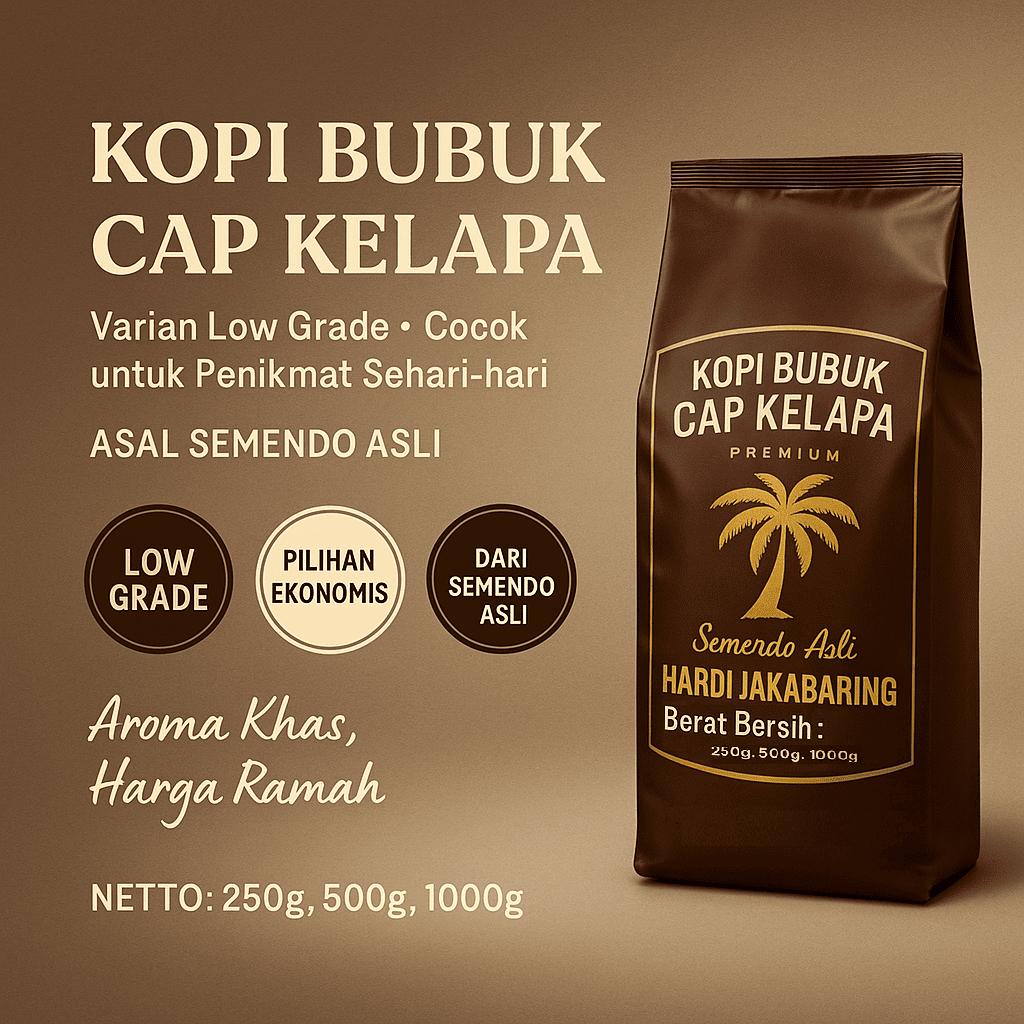 

Kopi Bubuk Low Grade Cap Kelapa Semendo Asli Asal Palembang