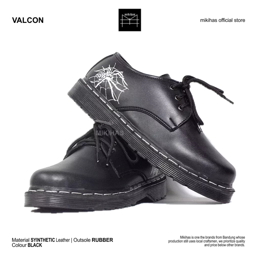 Mikihas - Sepatu Oxford Pria Kulit Hitam Tali 3 hole Original Ujung Bulat - Valcon 3 Hole