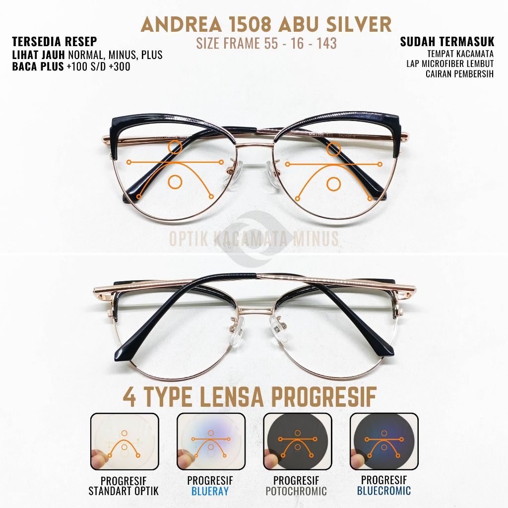 Kacamata Progresif Wanita Jauh Normal Minus Plus 025 sd 275 Add +100 +300 Anti Radiasi Blueray Photo