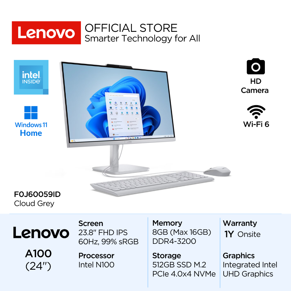Lenovo PC AIO A100 59ID Intel N100 Win11 8GB 512GB SSD 23.8" FHD IPS 250nits 60Hz 99% sRGB Antiglare