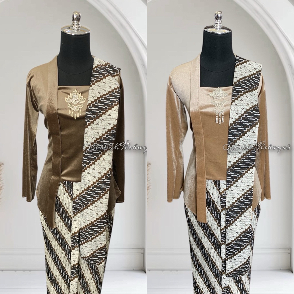 Setelan Kebaya Kutu Baru Bludru Warna Cream Dan Milo / Kebaya + Selendang + Jarik Wiru Plisket