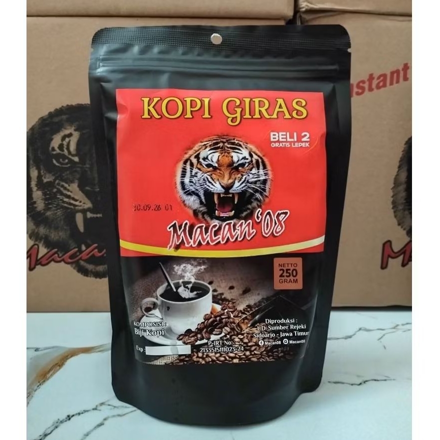 

KOPI GIRAS MACAN 08 / KOPI GILING 250 GRAM / BELI 2 PCS GRATIS LEPEK / MACAN 08