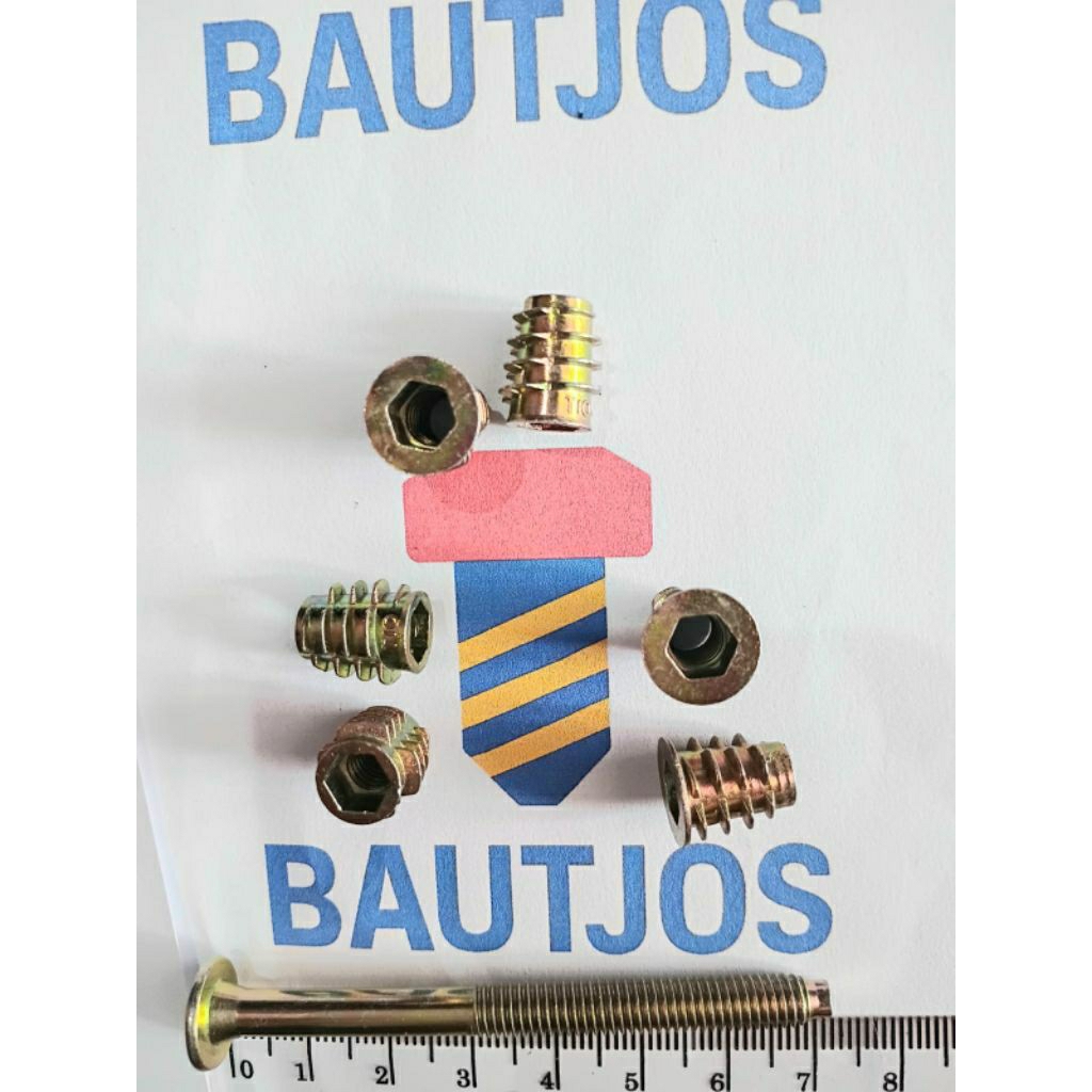 Baut Knockdown JCBC OD M6 x 7cm Kuning & Mur Nanas M6 x 13 OD Baut 1. Diameter Drat 6mm 2. Panjang B