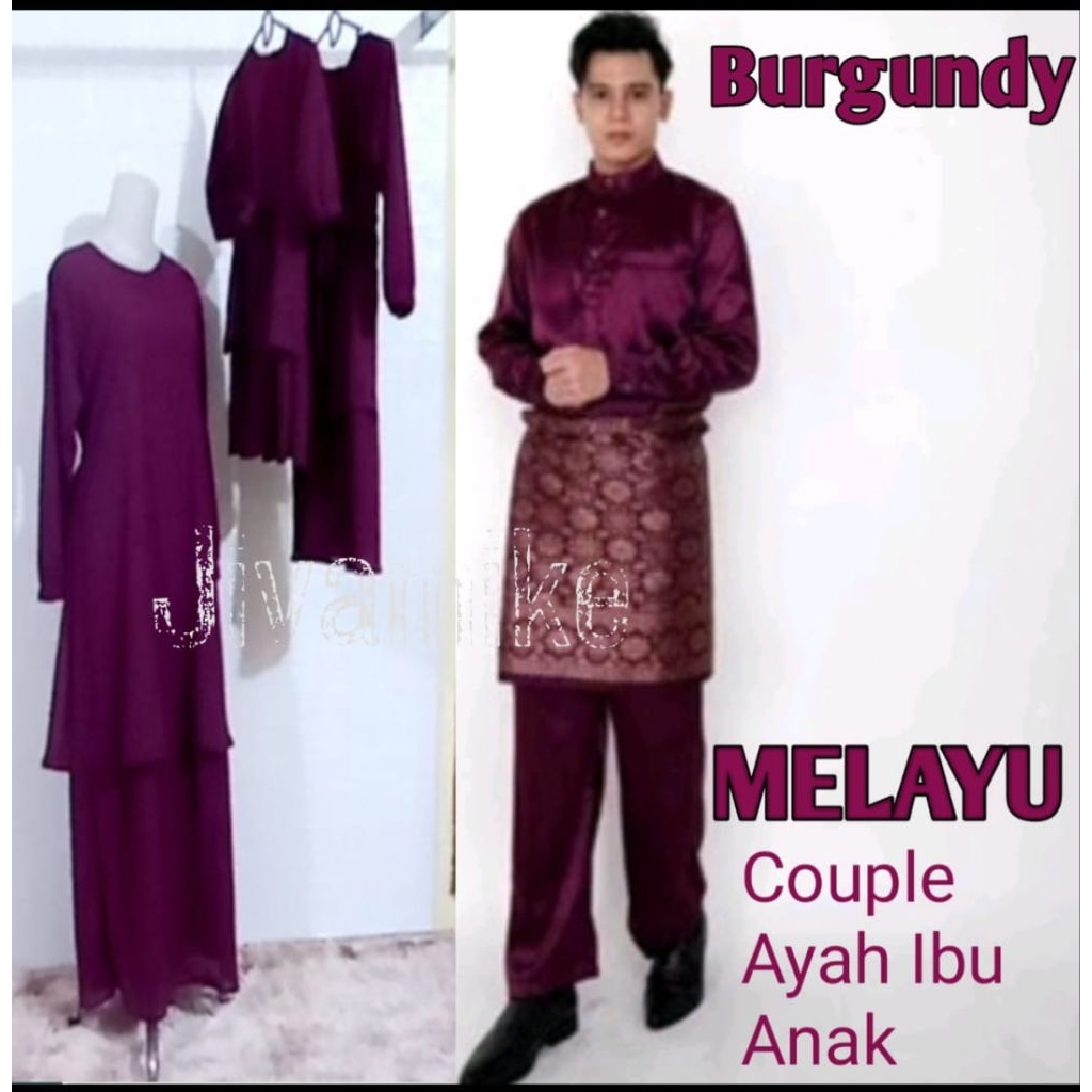 Baju Kurung Melayu Pria Cekak Musang Warna Burgundy Couple Gamis Malaysia Ibu Anak Perempuan