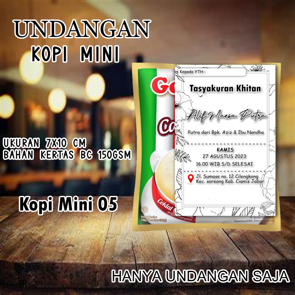 Undangan mini kopi KM 04 khitanan pernikahan ukuran 7.5 x 9 Cm bahan Karton BC