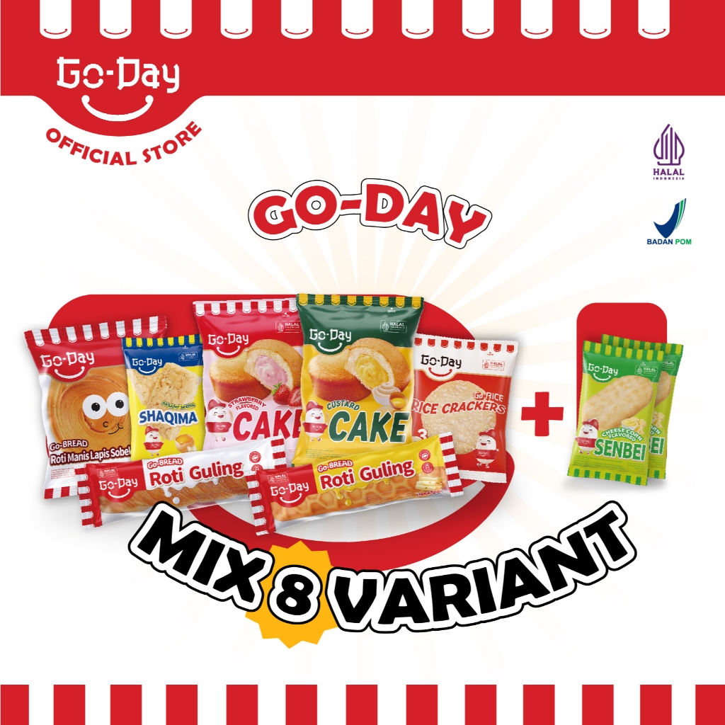 

Mix Bundle Go-Day 8 Varian - Go-Pie Custard, Strawberry, Go-Rice Krekers Beras, Senbei, Roti Guling Susu, Keju & Roti Manis Lapis Sobek