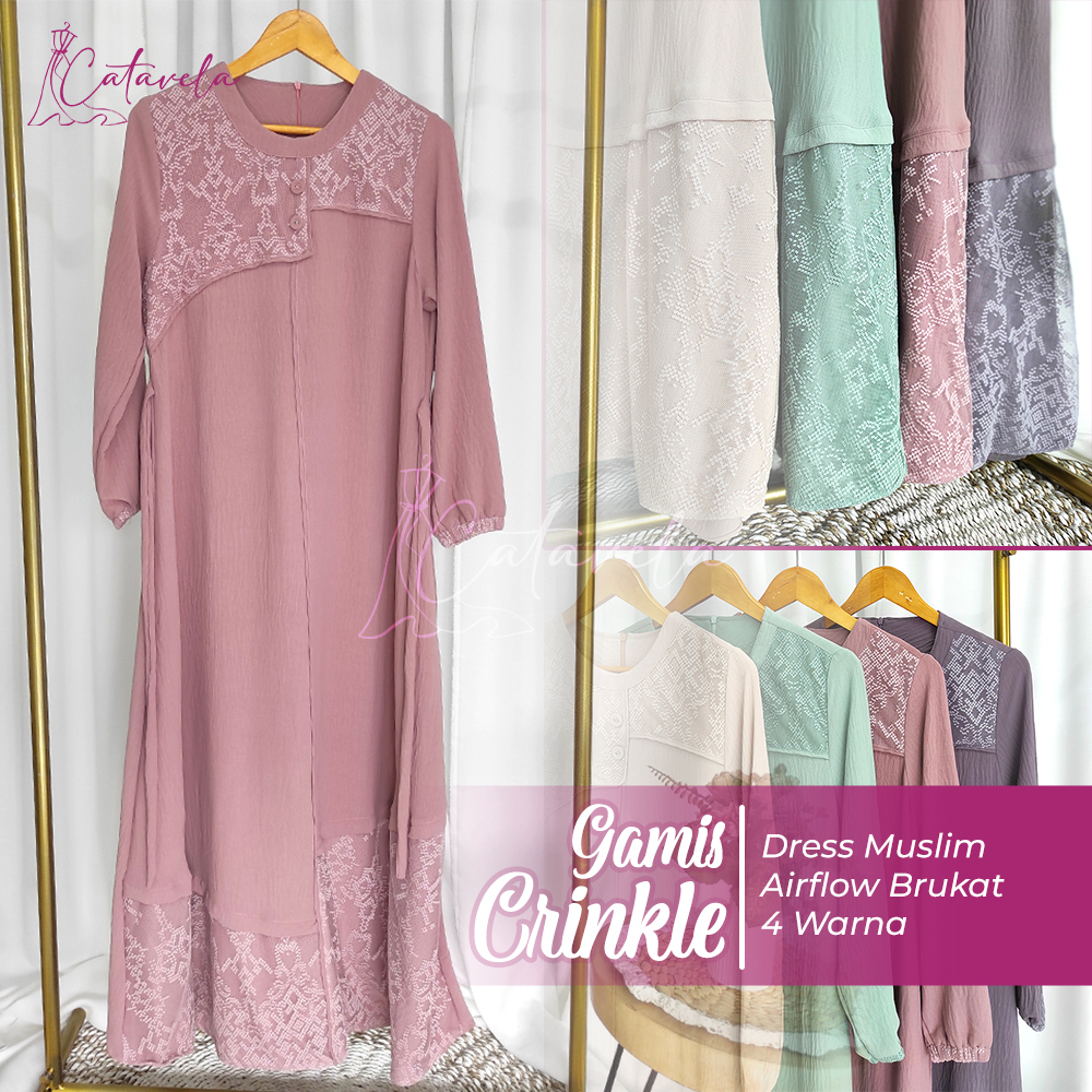 Gamis Crinkle Airflow Brukat Long Dress Muslim Wanita Brokat Terbaru Catavela